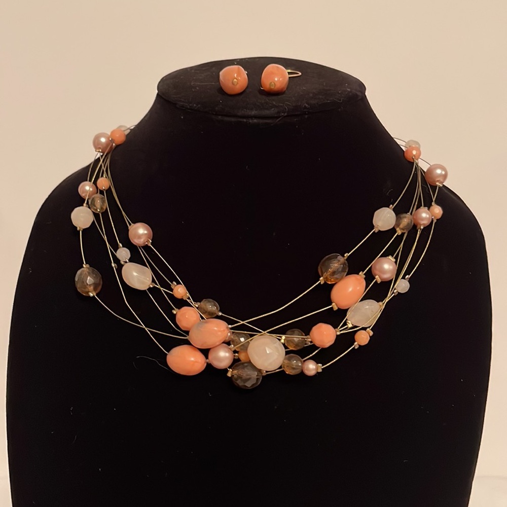 Macy’s Orange and Cream Beaded Necklace and Earrings